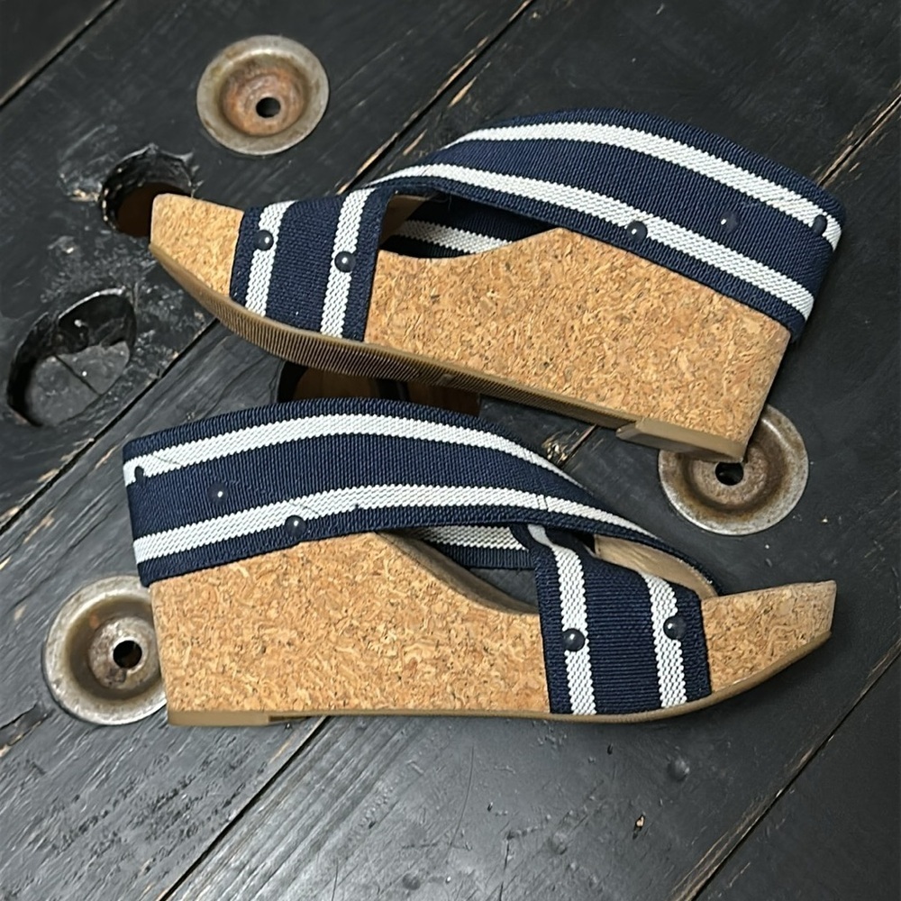 Lucky Brand Miller 2 Navy and White Striped Elastic Cross Strap Cork Wedges